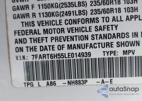 2020 Honda Cr-V Hybrid Ex из США, поврежденный, VIN 7FART6H55LE014939